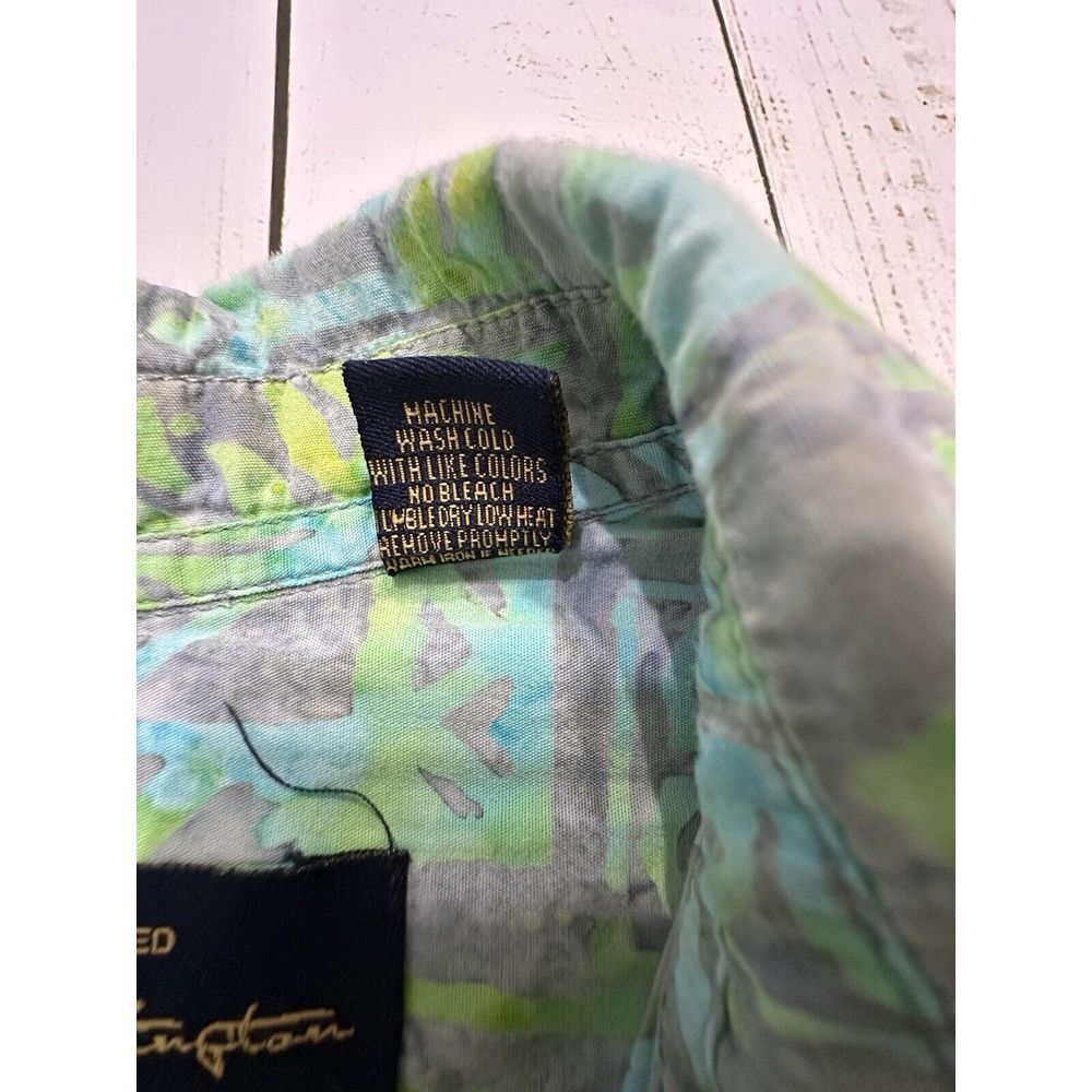 Pete‎ Huntington Bali Handcrafted Green Blue Hawaiian Shirt Size Medium Popover - Picture 9 of 9